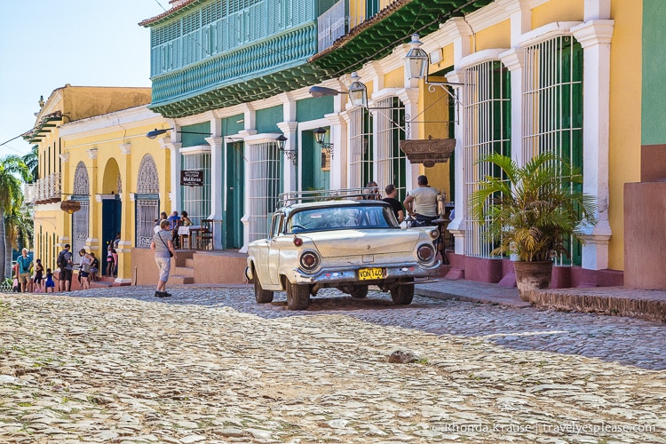 Colourful buildings and a cobbled street in Trinidad.